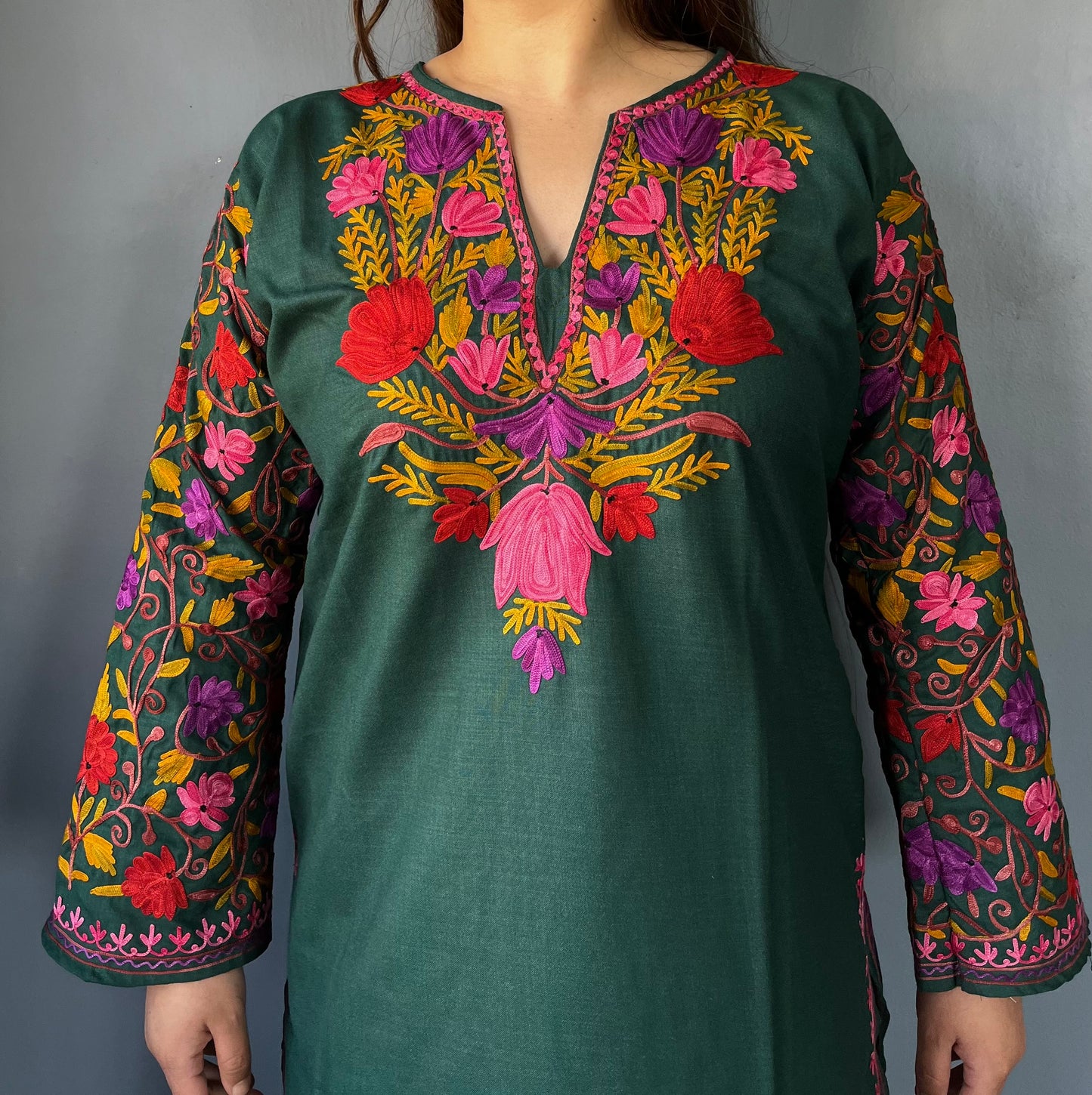 Sonzal Kurti | Bottle Green With Red and Purple Embroidery