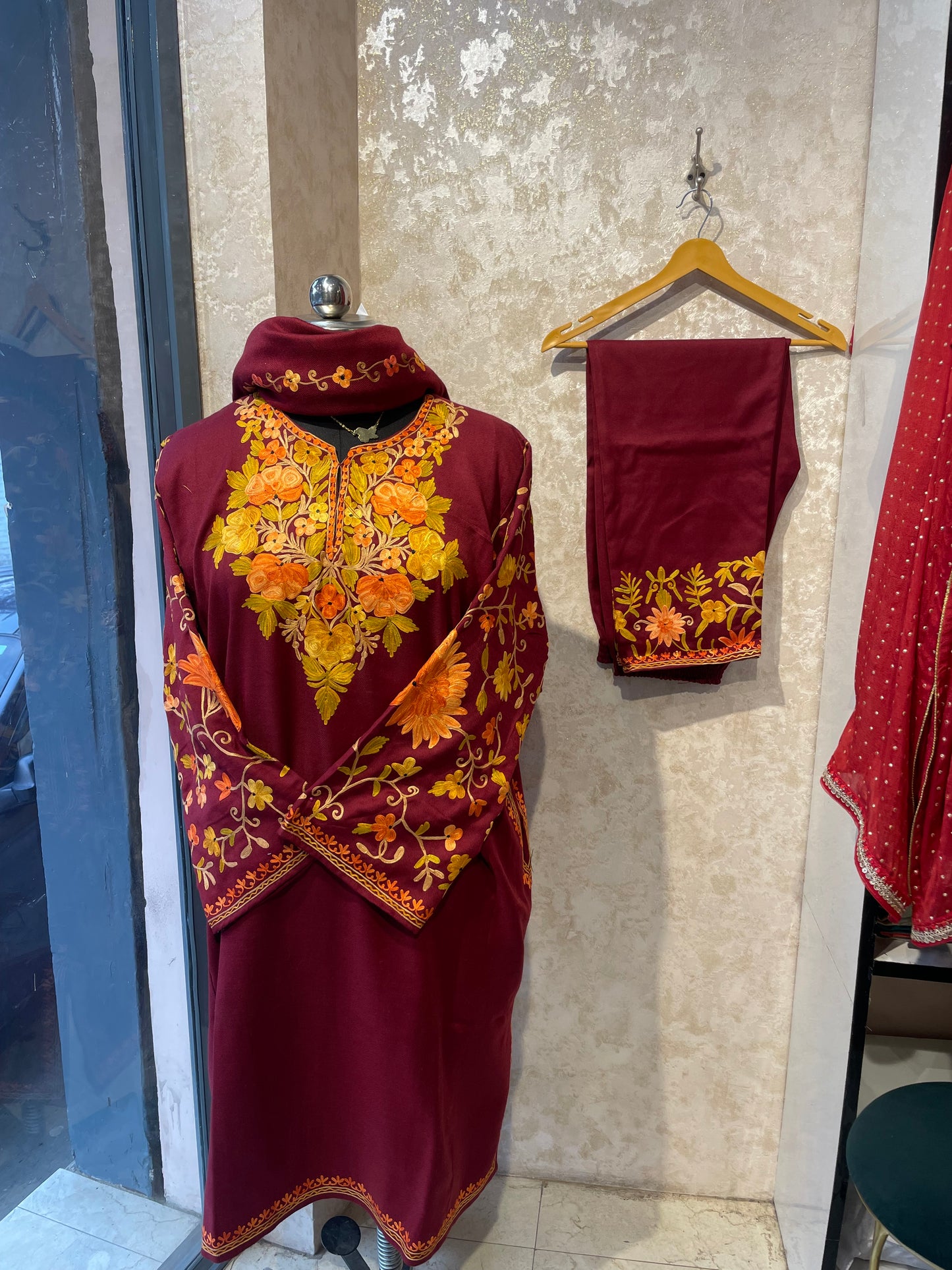 Aari Embroidered Pheran Suit  | Maroon