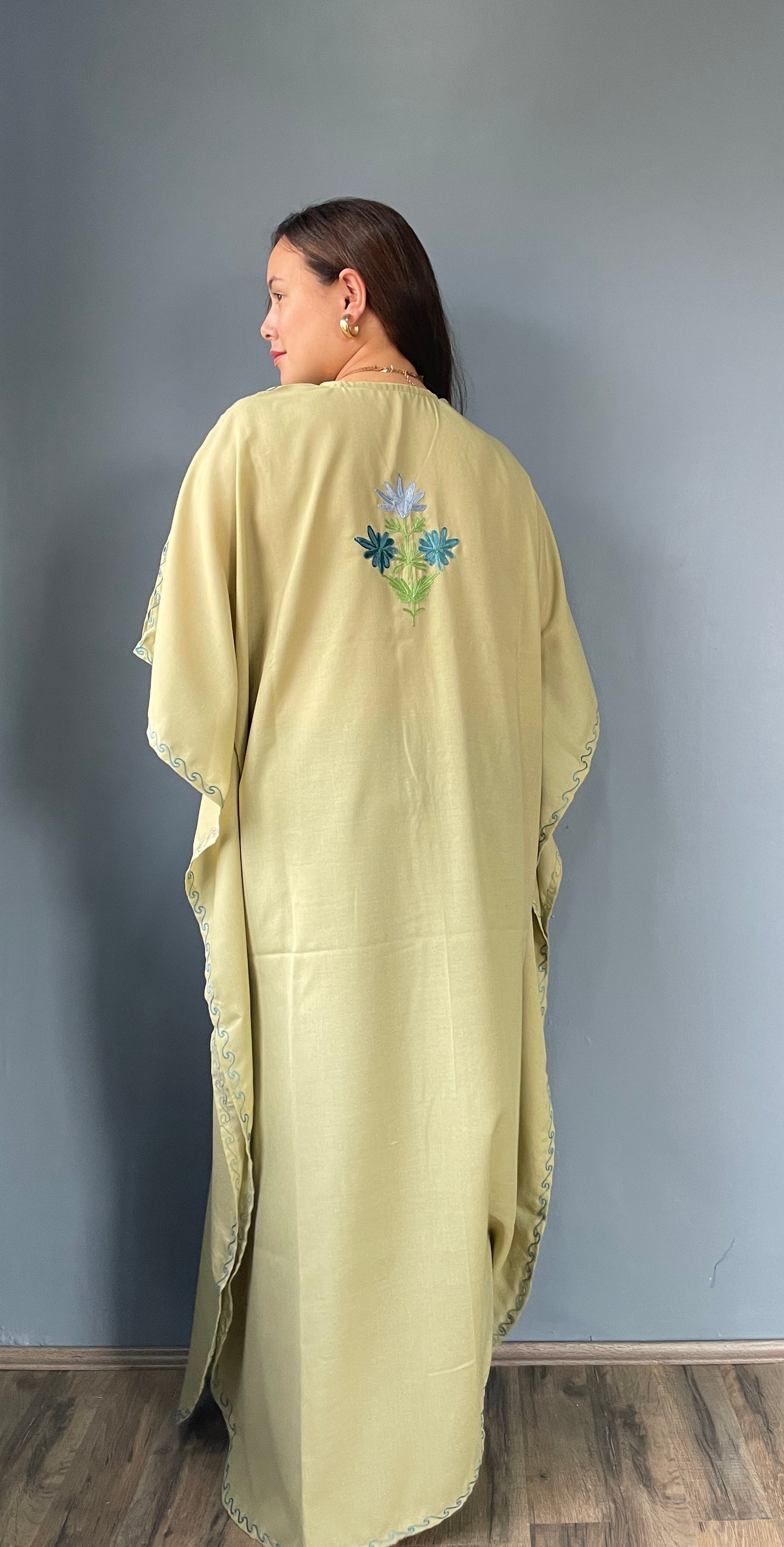 Aari Embroidered Cotton Kaftan | Mint Green With Blue And Green Embroidery