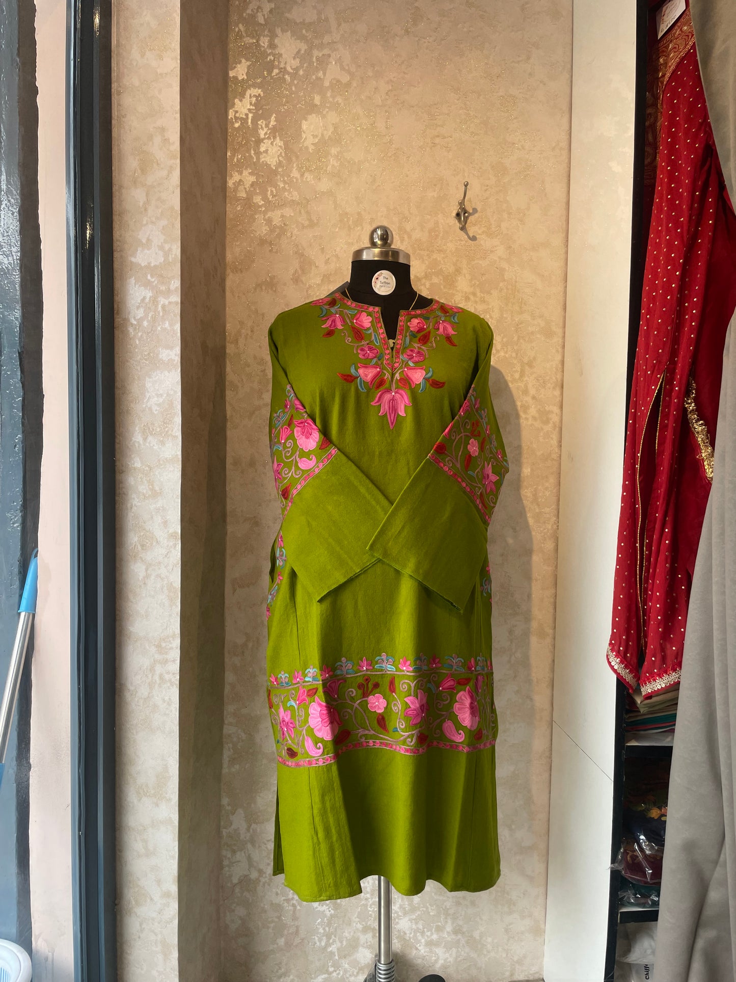 Aari Embroidered Pheran | Parrot Green