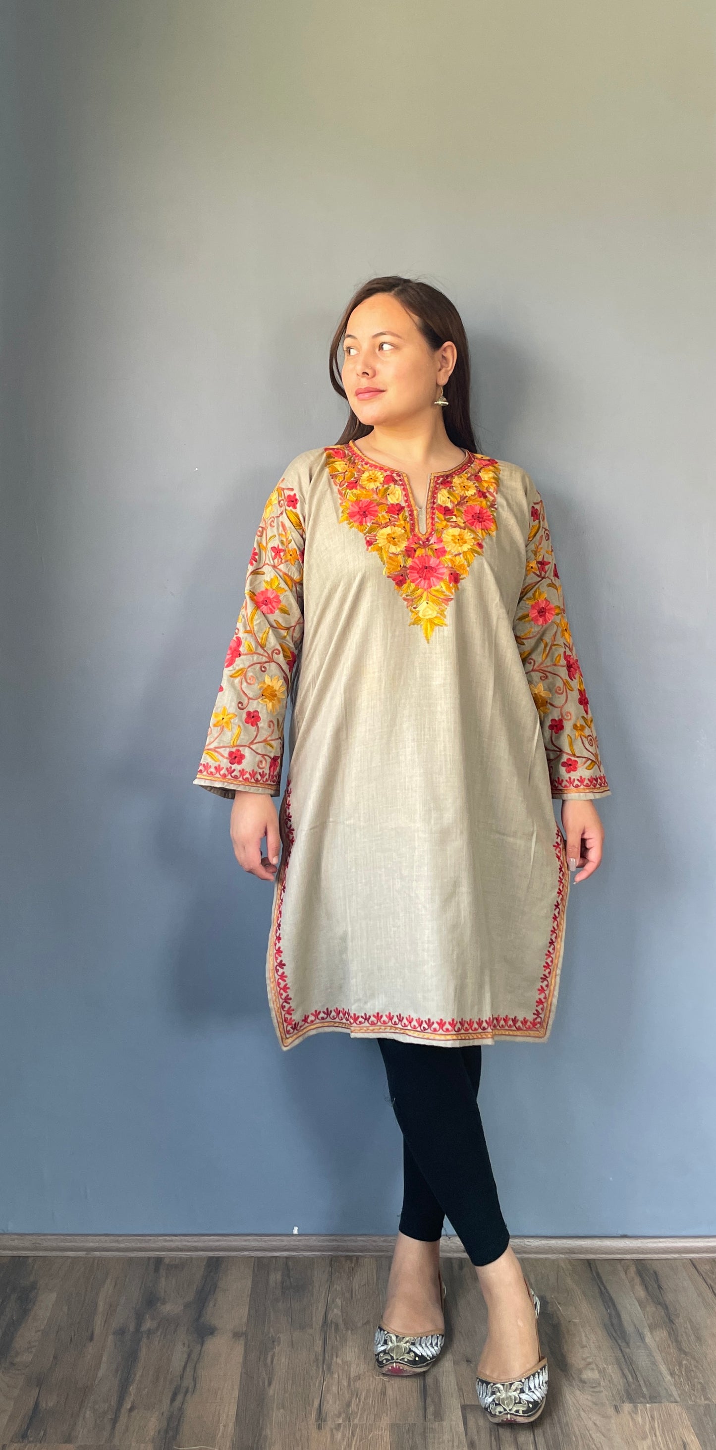 Sonzal Kurti | Pashmina Gray With Red And Yellow Embroidery