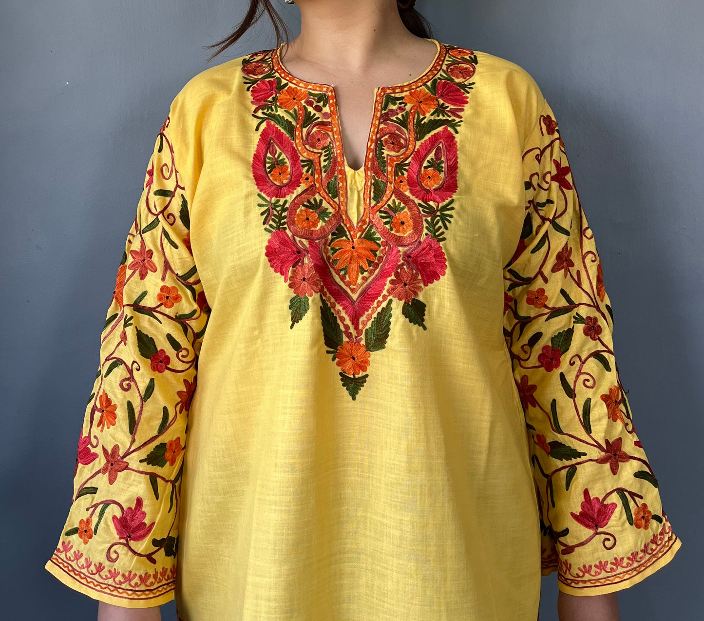 Sonzal Kurti | Daisy Yellow With Red And Green Embroidery