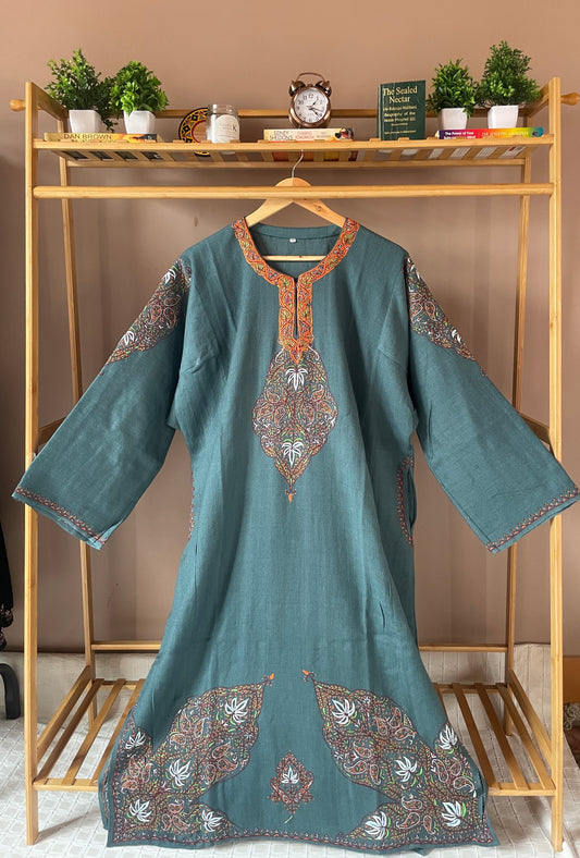 Sozni Embroidered Pheran | Neck & Border | Iceblue