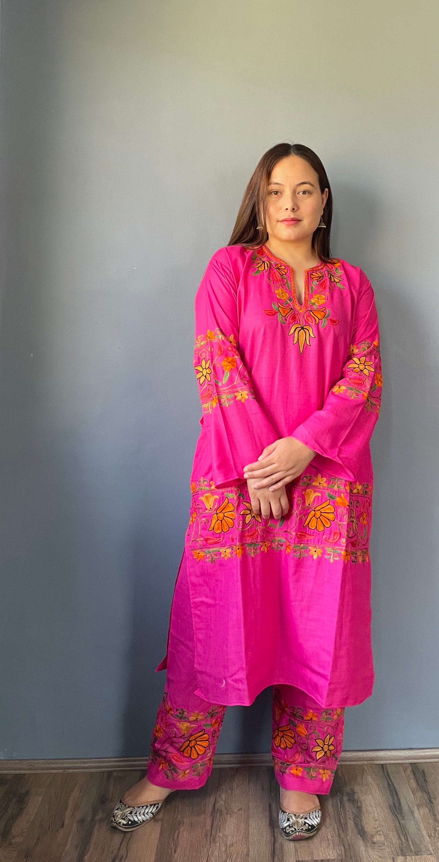 Coord | Pink | Green And Golden Aari Embroidered