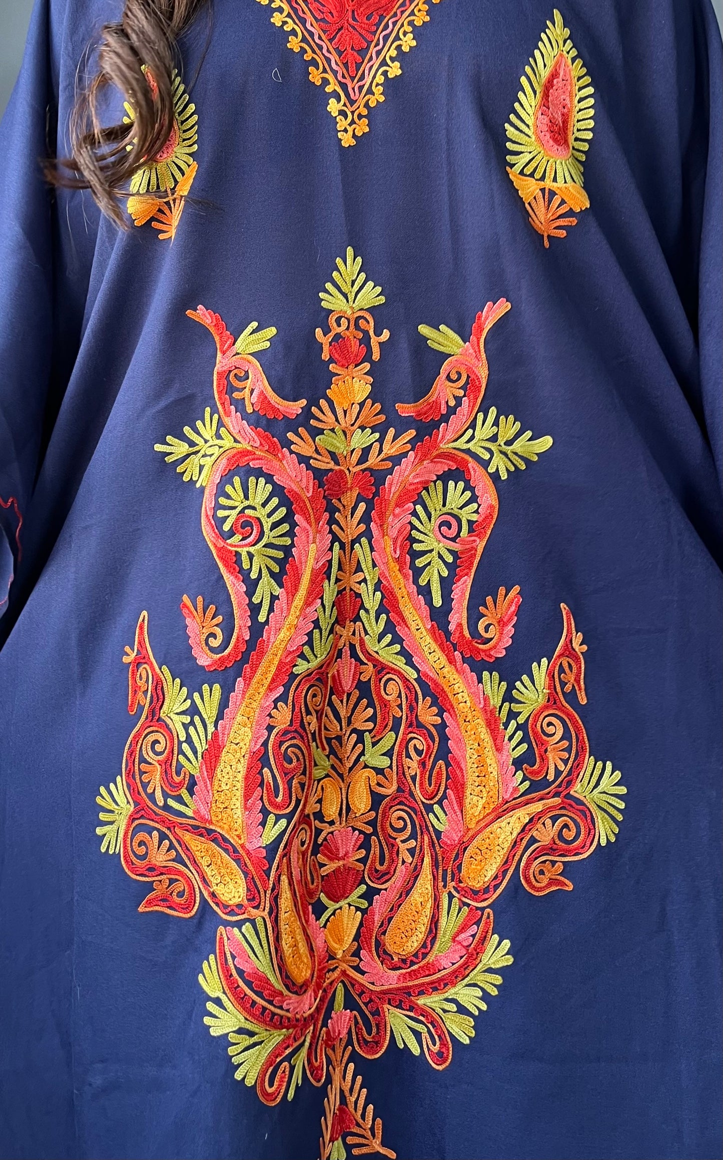 Aari Embroidered Cotton Kaftan | Navy Blue With Red and Green Embroidery