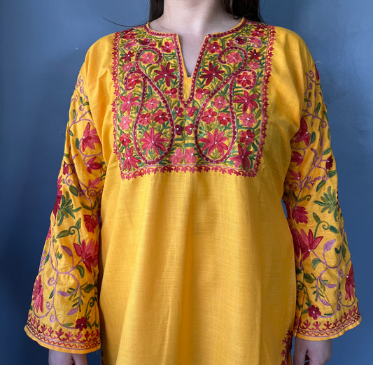 Sonzal Kurti | Bright Yellow With Red And Green Embroidery