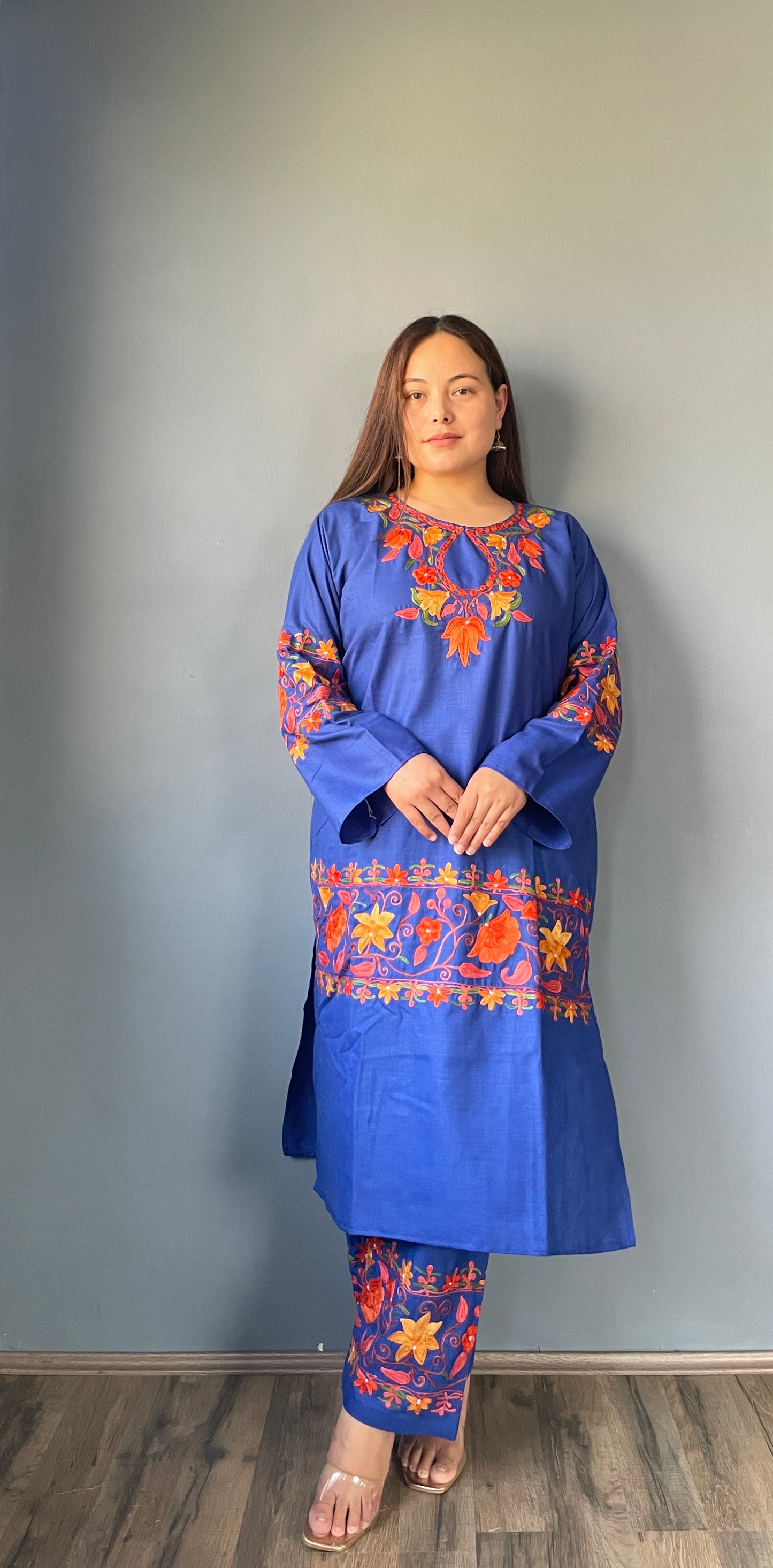 Coord | Blue | Red And Golden Aari Embroidered