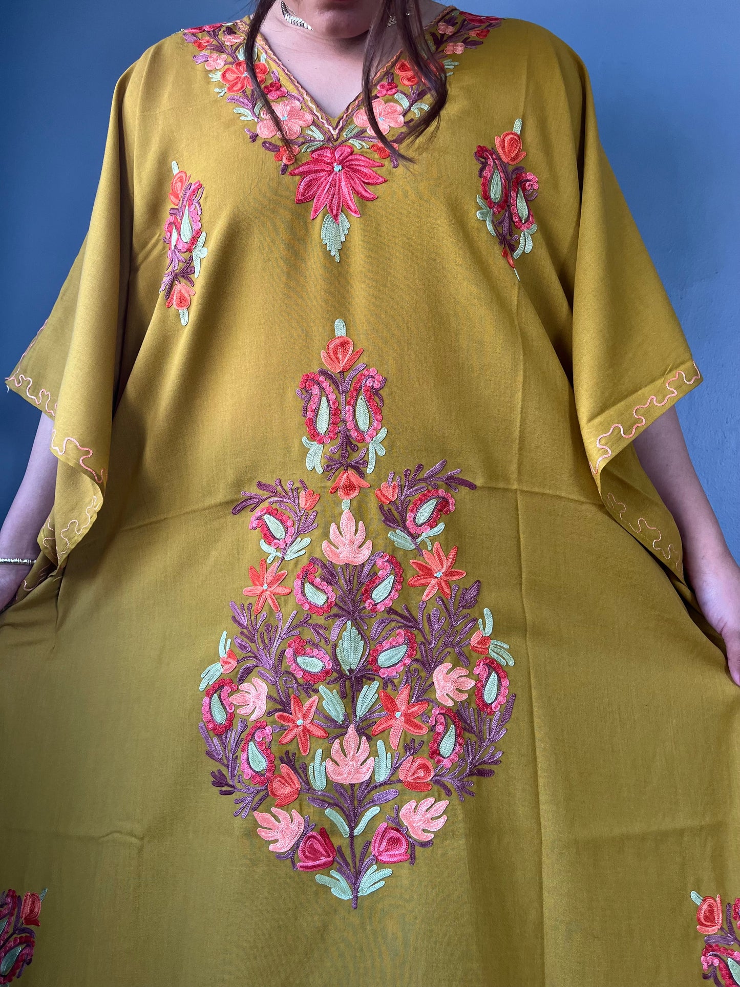 Aari Embroidered Cotton Kaftan | Saffron With Red And Brown Embroidery