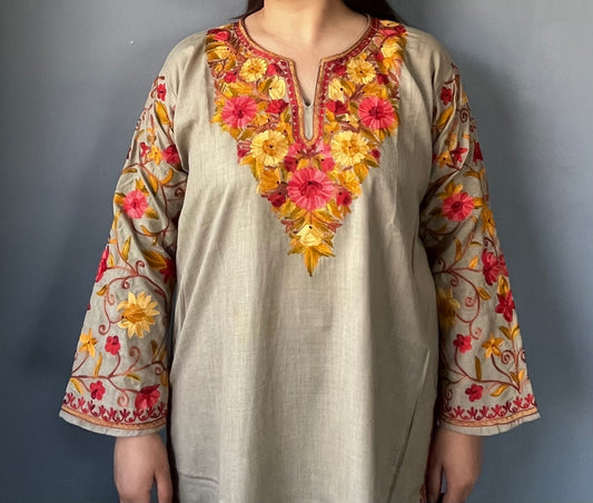 Sonzal Kurti | Pashmina Gray With Red And Yellow Embroidery