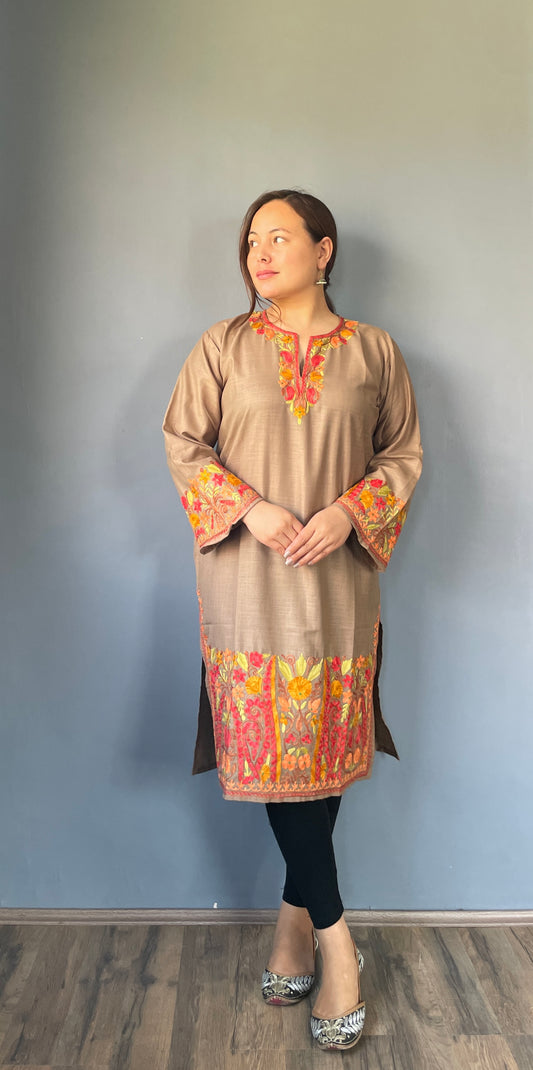 Sonzal Kurti | Pashmina Brown With Red Embroidery