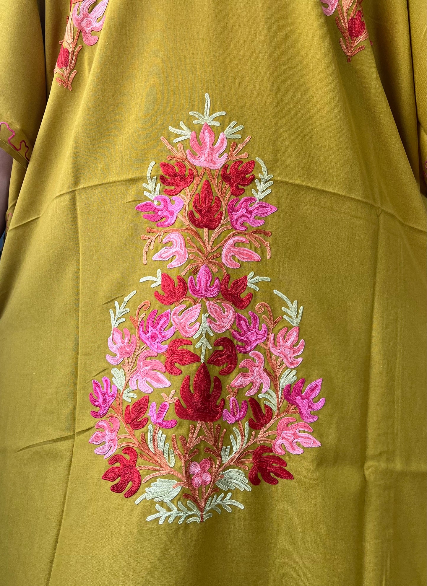 Aari Embroidered Cotton Kaftan | Saffron With Red Embroidery