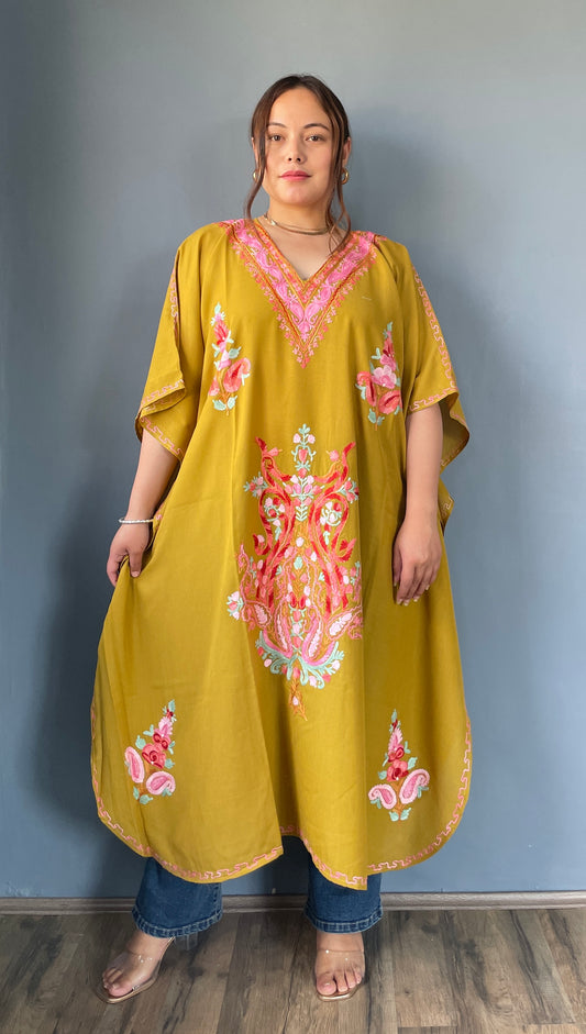 Aari Embroidered Cotton Kaftan | Saffron With Pink Embroidery