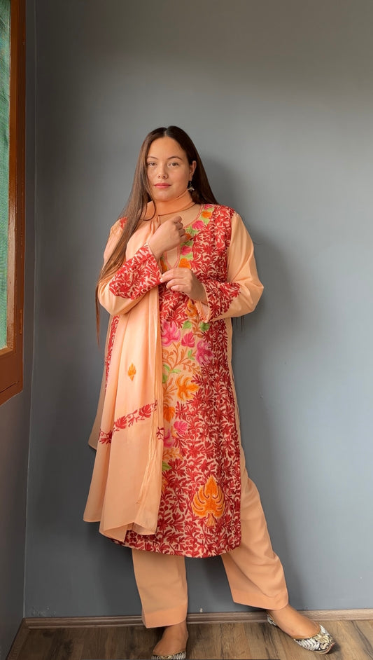 Aari Embroidered Georgette Suit | Peach