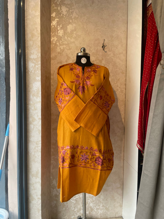 Aari Embroidered Pheran | Mustard