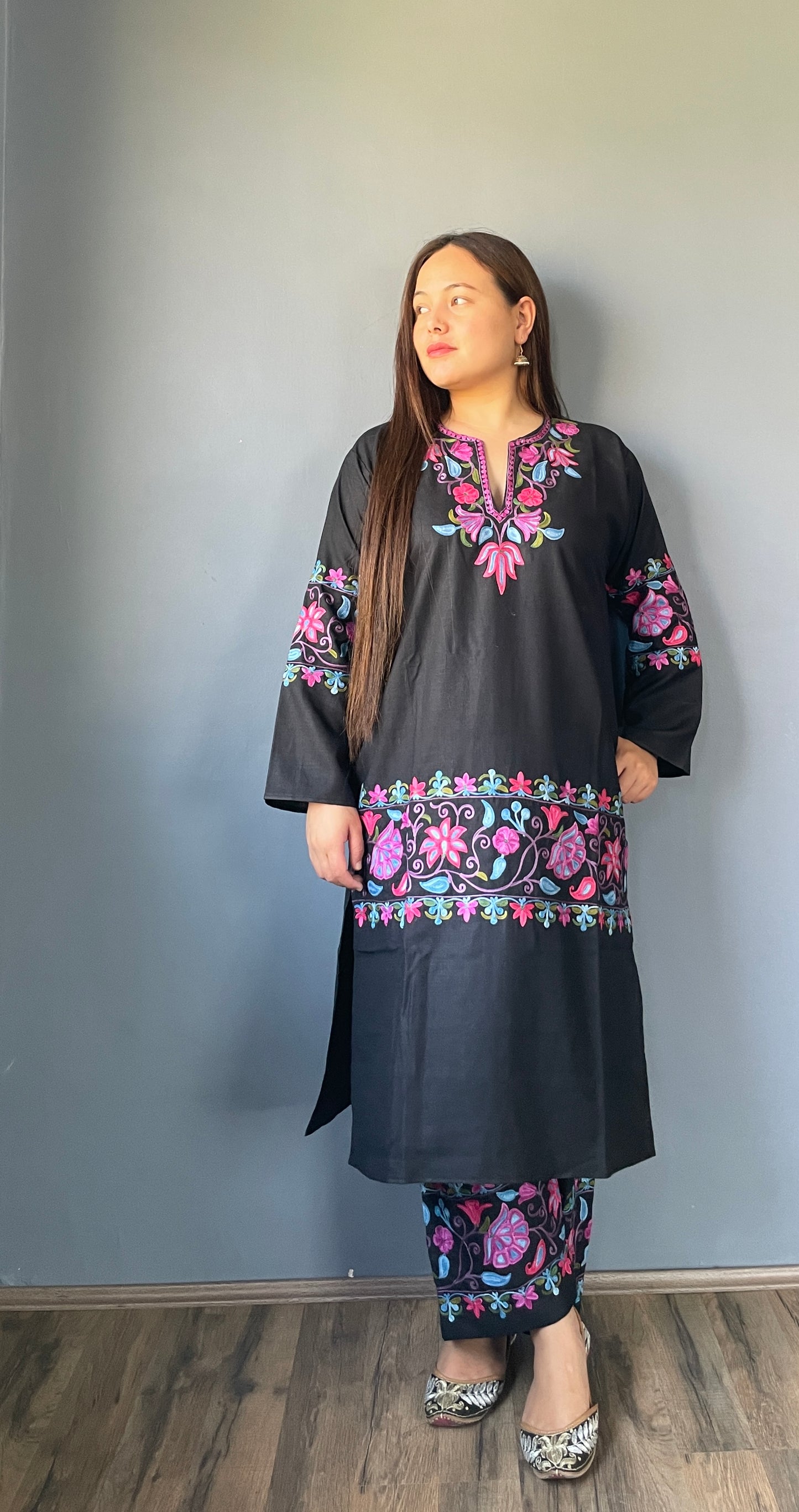 Coord | Black | Blue And Pink Aari Embroidered