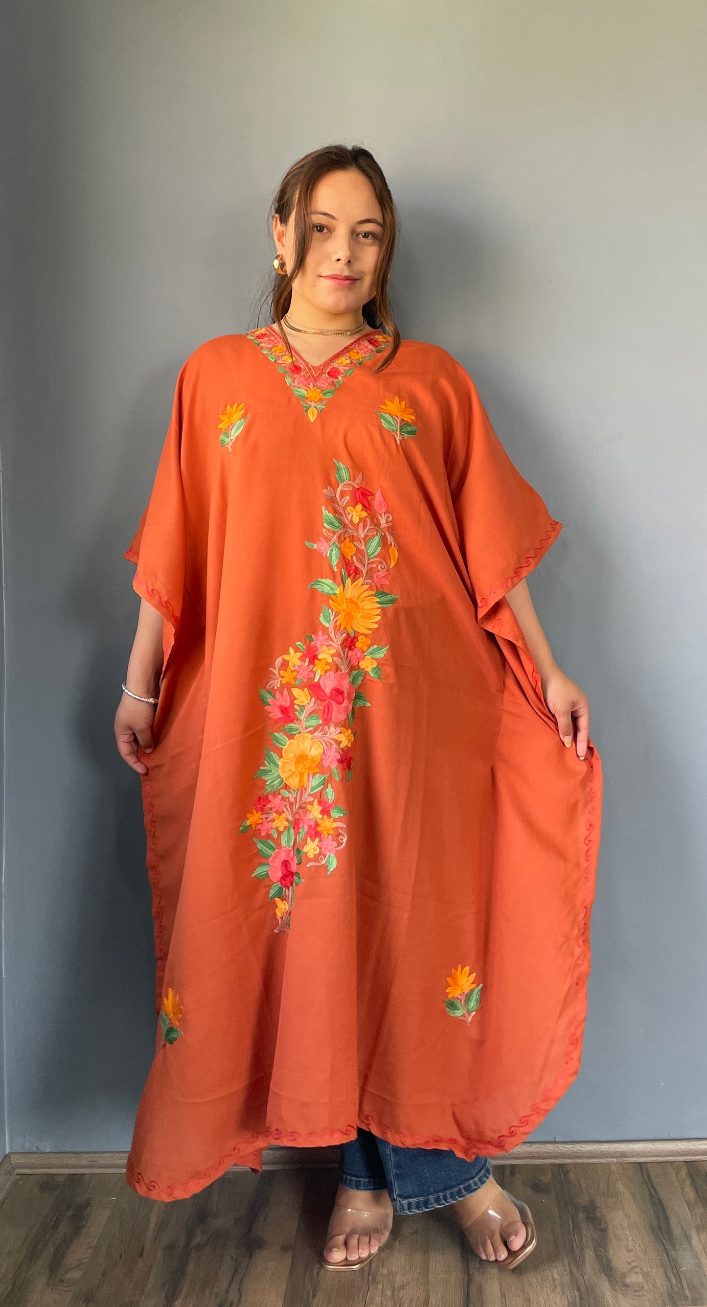 Aari Embroidered Cotton Kaftan | Orange With Green And Golden Embroidery