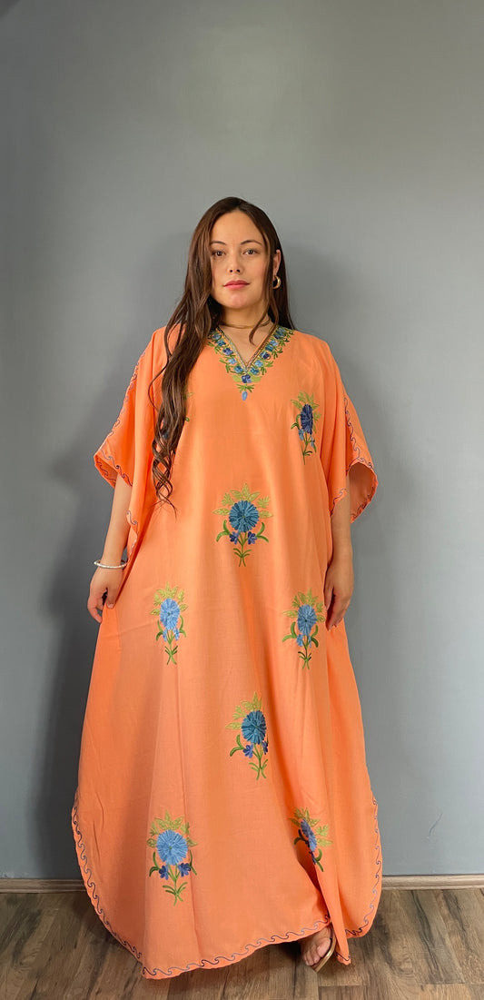 Aari Embroidered Cotton Kaftan | Peach With Green And Blue Embroidery