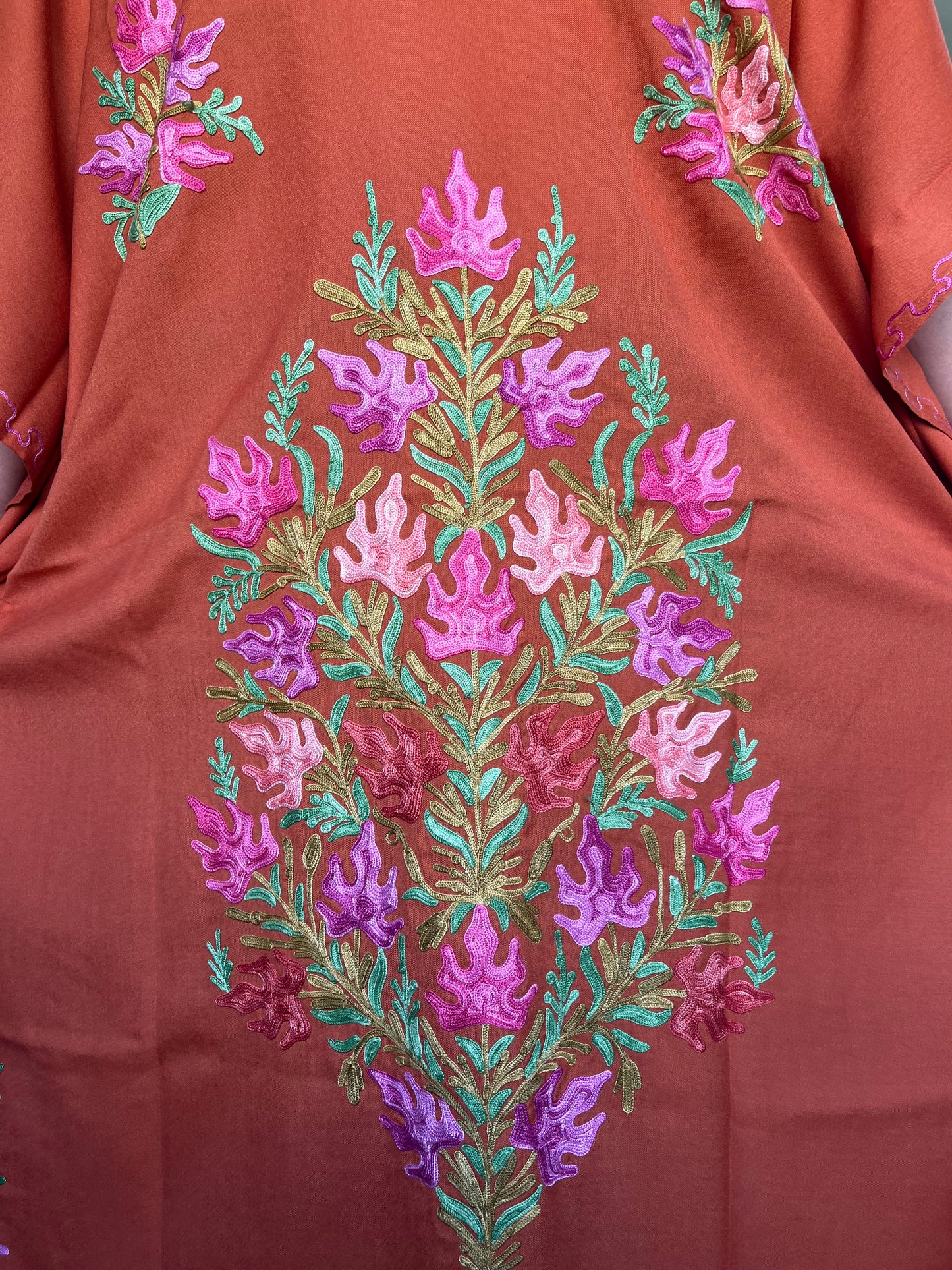 Aari Embroidered Cotton Kaftan | Orange With Green And Pink Embroidery