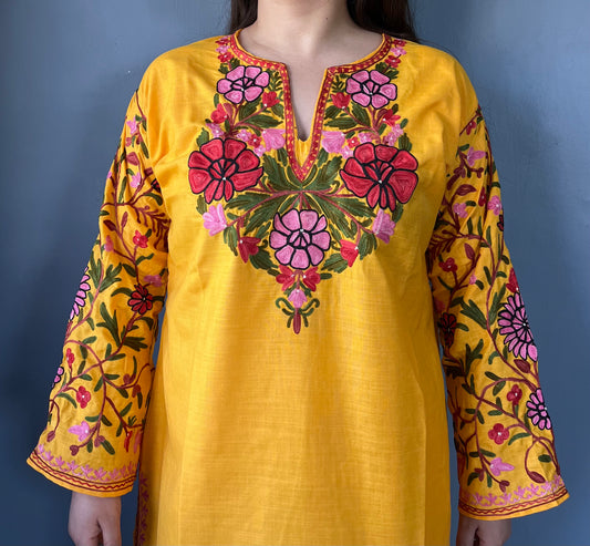 Sonzal Kurti | Bright Yellow With Red And Pink Embroidery