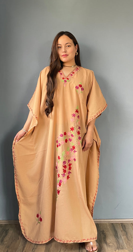 Aari Embroidered Cotton Kaftan | Desert Sand With Red Embroidery