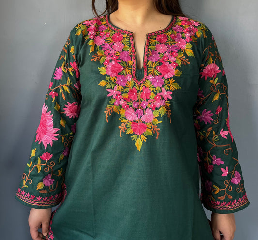 Sonzal Kurti | Bottle Green With Pink Embroidery