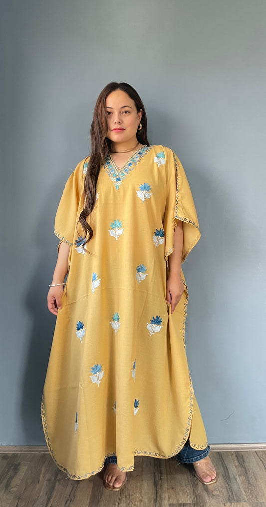 Aari Embroidered Cotton Kaftan | Tan Brown With Blue Embroidery