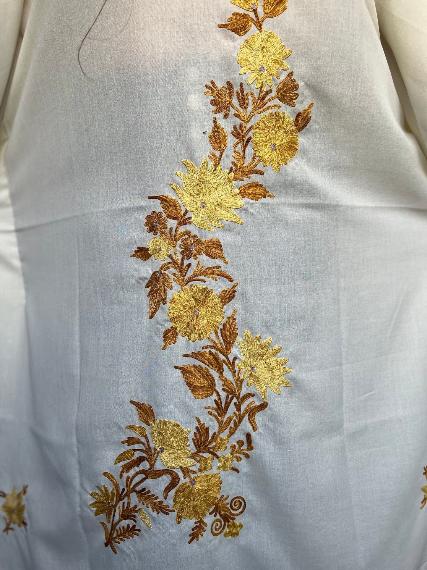 Aari Embroidered Cotton Kaftan | White With Golden Embroidery