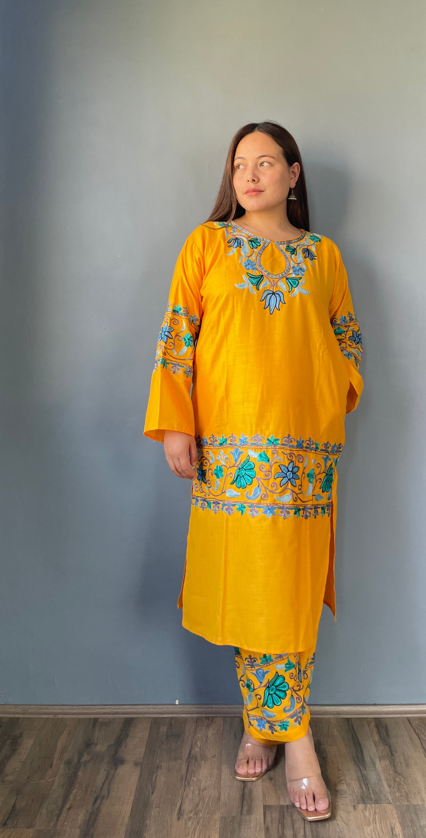 Coord | Bright Yellow | Blue And Black Aari Embroidered