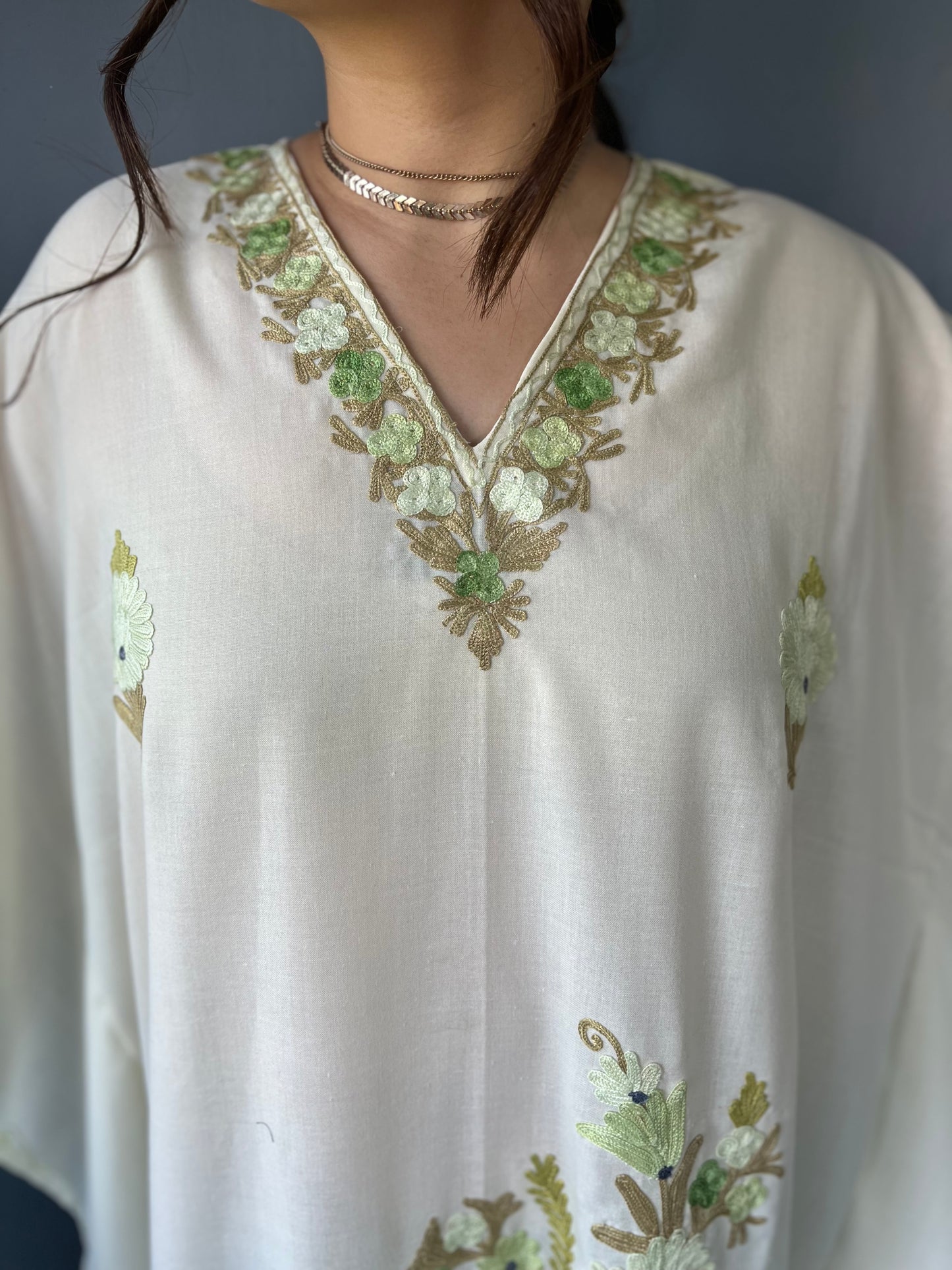 Aari Embroidered Cotton Kaftan | White With Green Embroidery