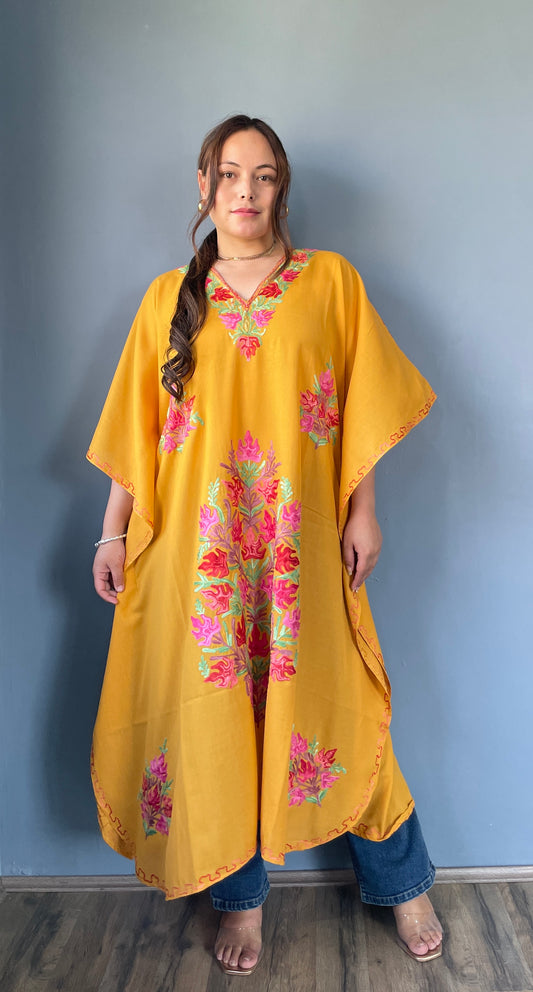 Aari Embroidered Cotton Kaftan | Mustard Yellow With Pink Embroidery