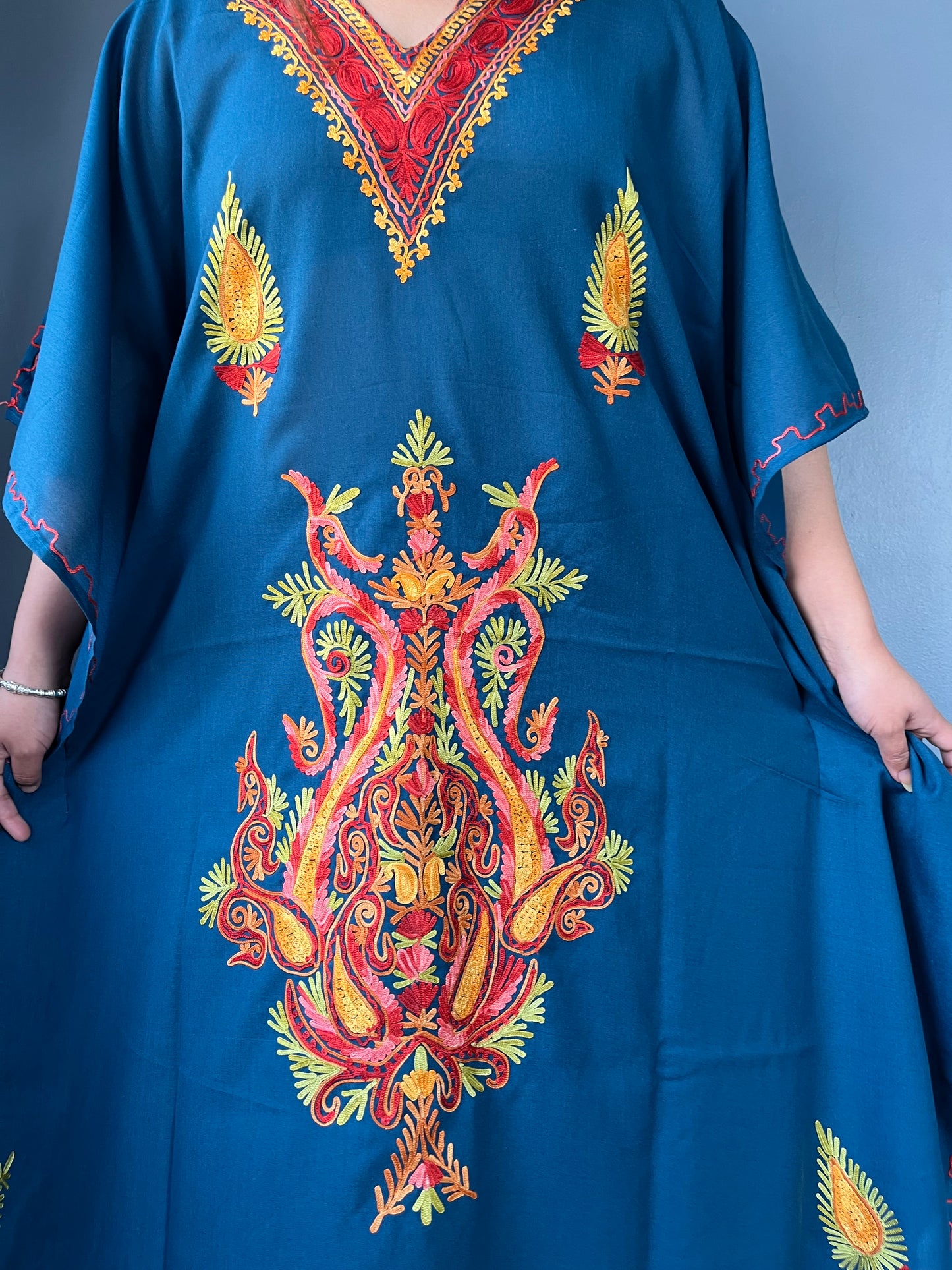 Aari Embroidered Cotton Kaftan | Teal Blue With Red and Golden Embroidery