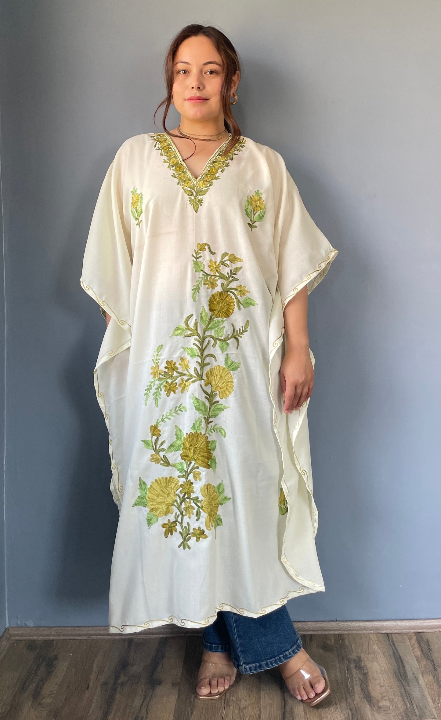 Aari Embroidered Cotton Kaftan | White With Green , Mint Green and Olive Green Embroidery