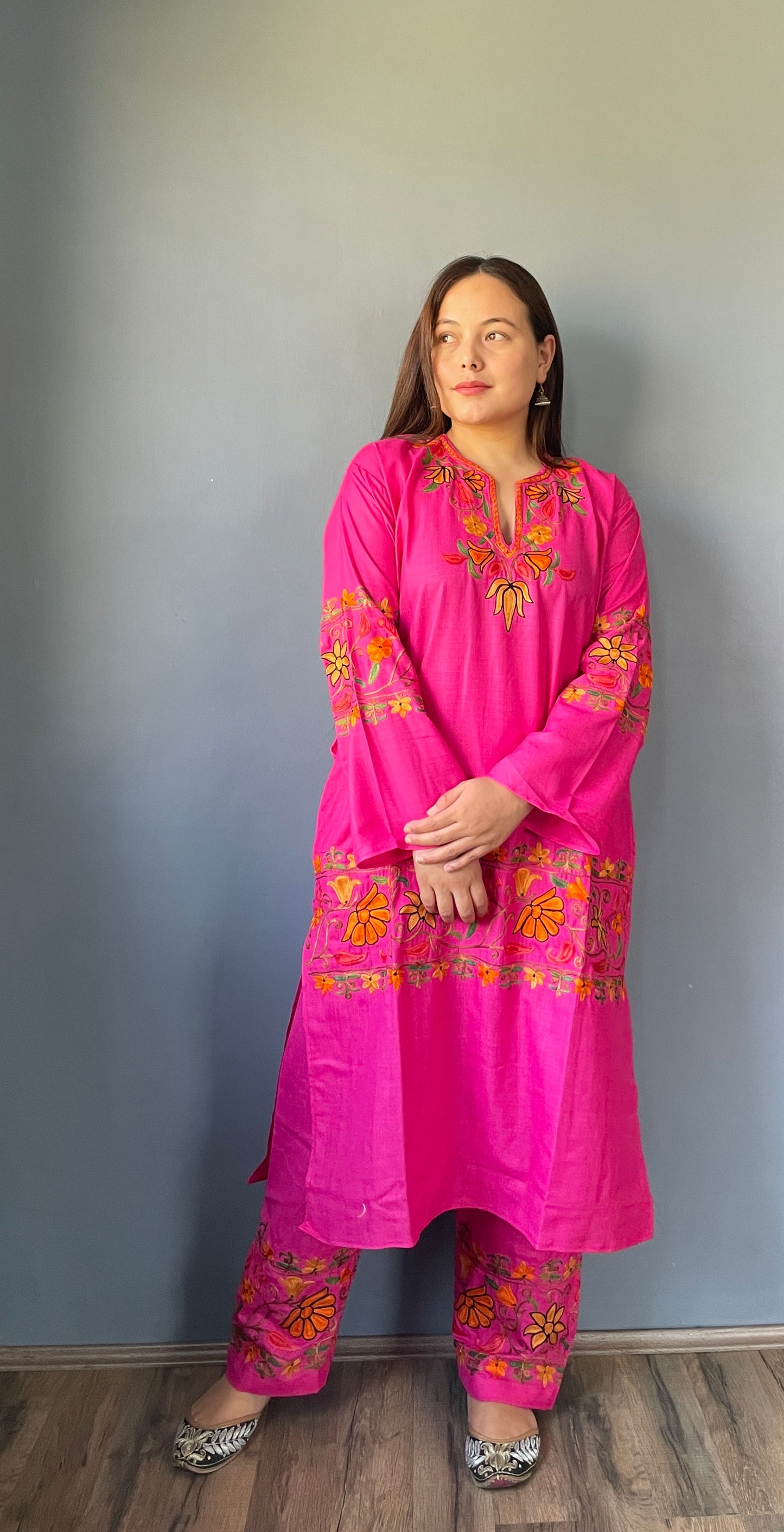 Coord | Pink | Green And Golden Aari Embroidered