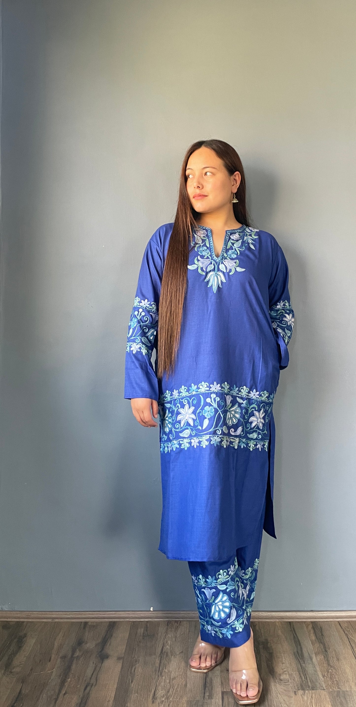 Coord | Blue | Blue And White Aari Embroidered