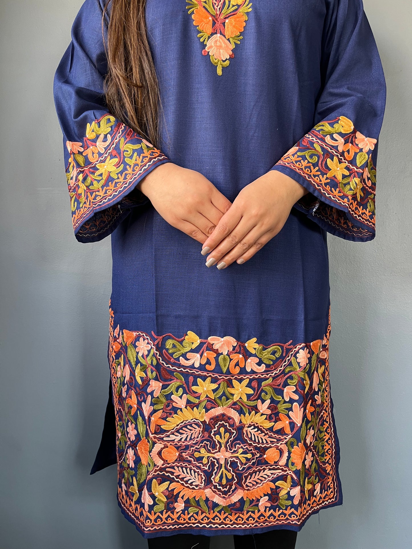 Sonzal Kurti | Navy Blue With Orange Embroidery