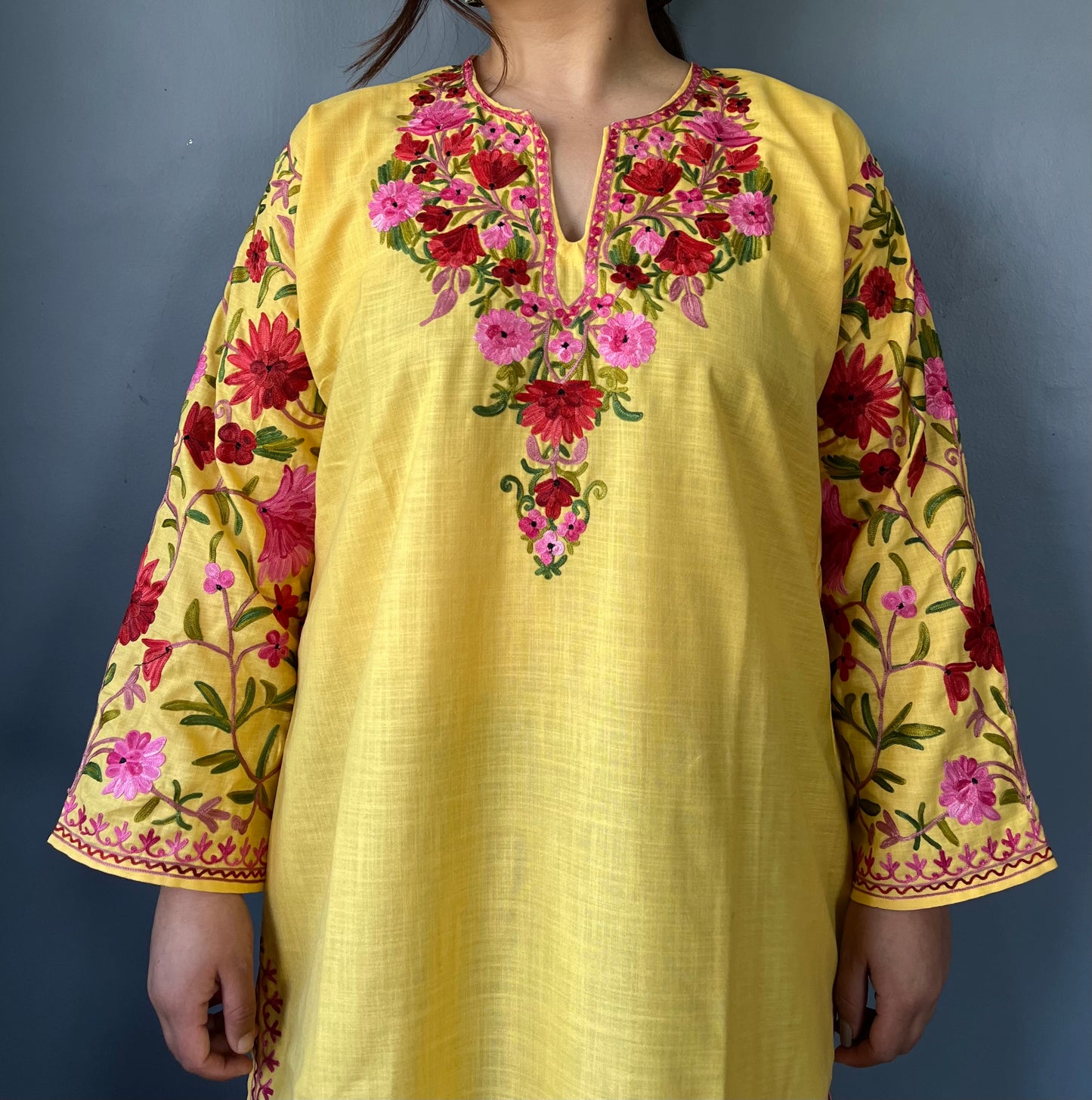 Sonzal Kurti | Daisy Yellow With Pink Embroidery