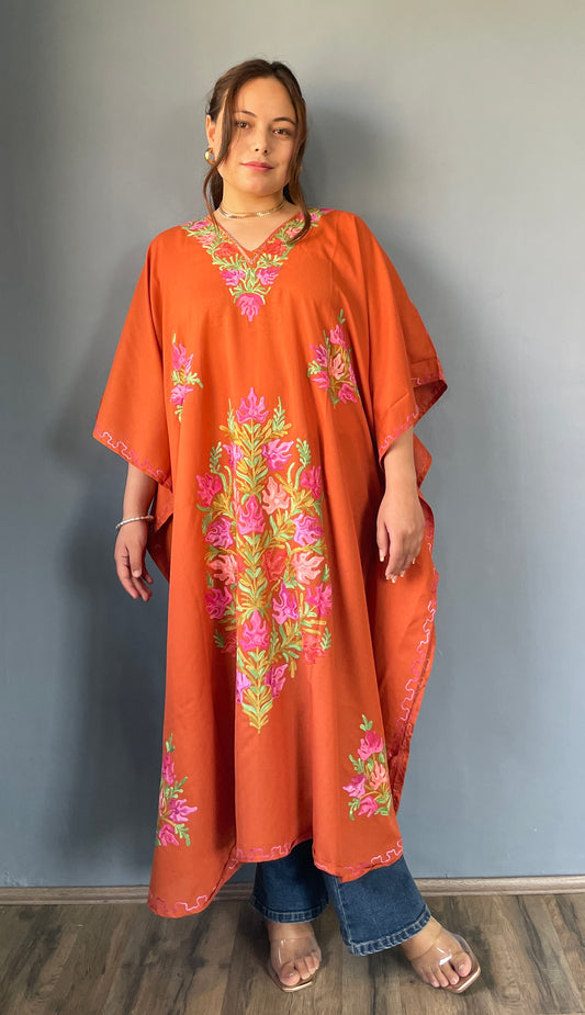 Aari Embroidered Cotton Kaftan | Orange With Green And Pink Embroidery