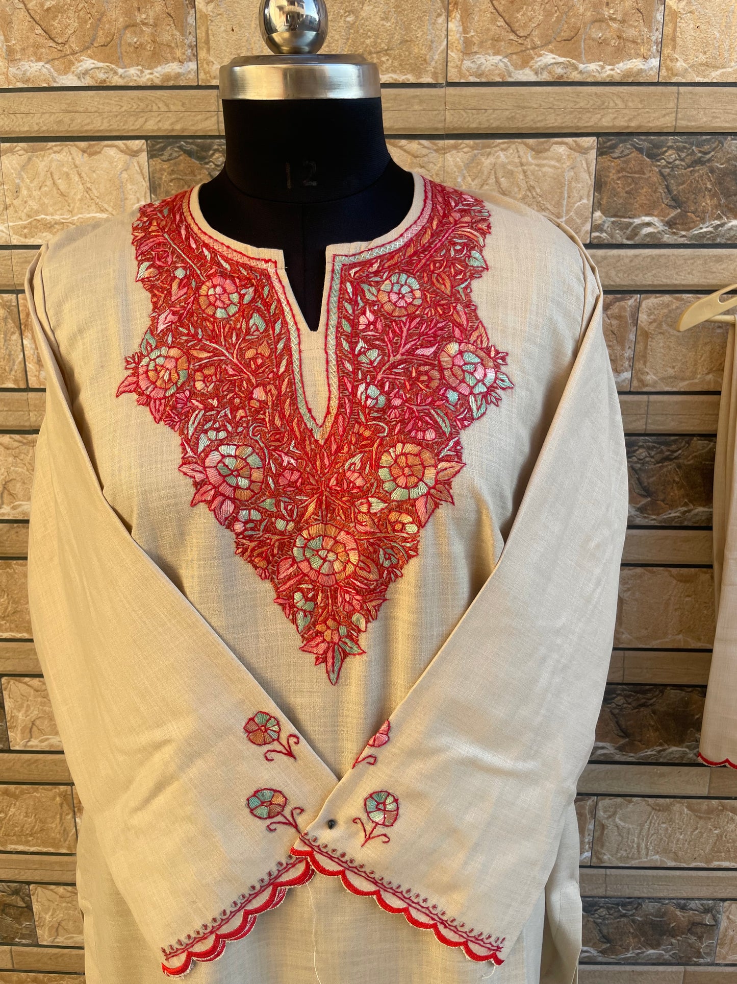 Sozni Embroidered Suit | Beige (Red Embroidery)