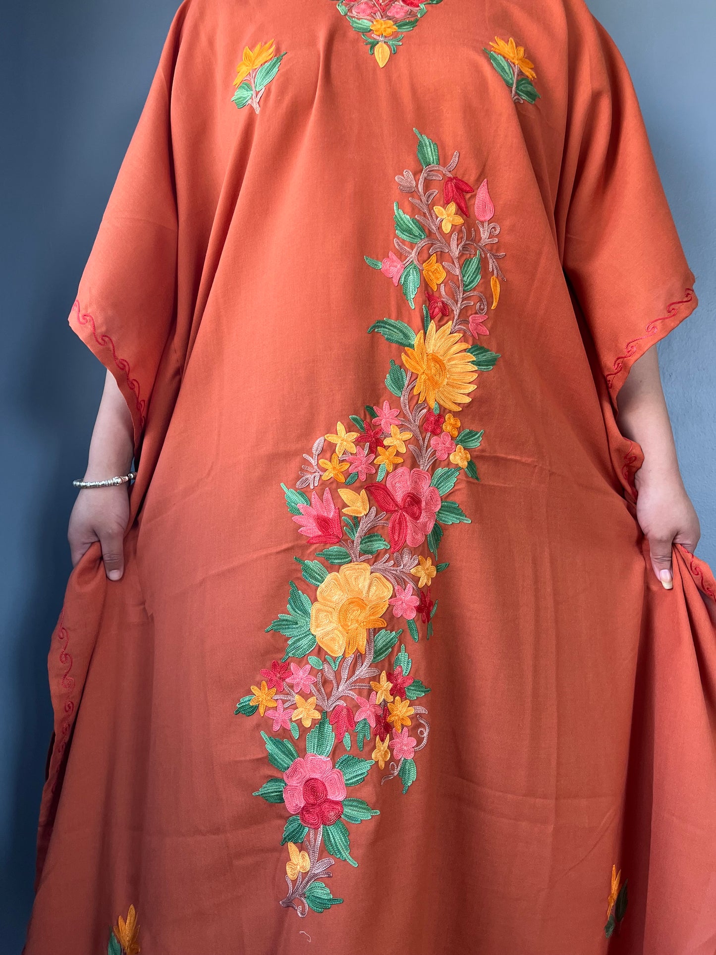 Aari Embroidered Cotton Kaftan | Orange With Green And Golden Embroidery