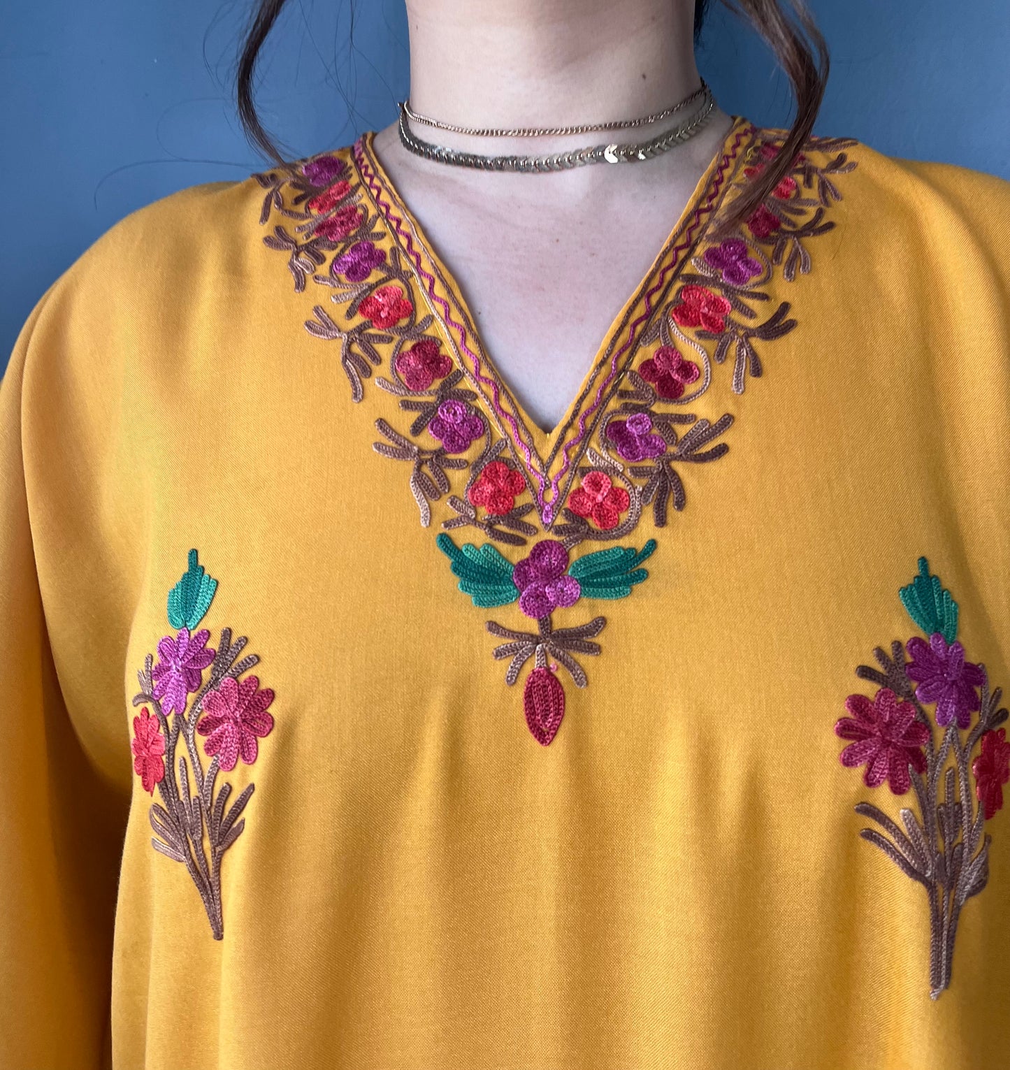 Aari Embroidered Cotton Kaftan | Mustard Yellow With Red And Purple Embroidery