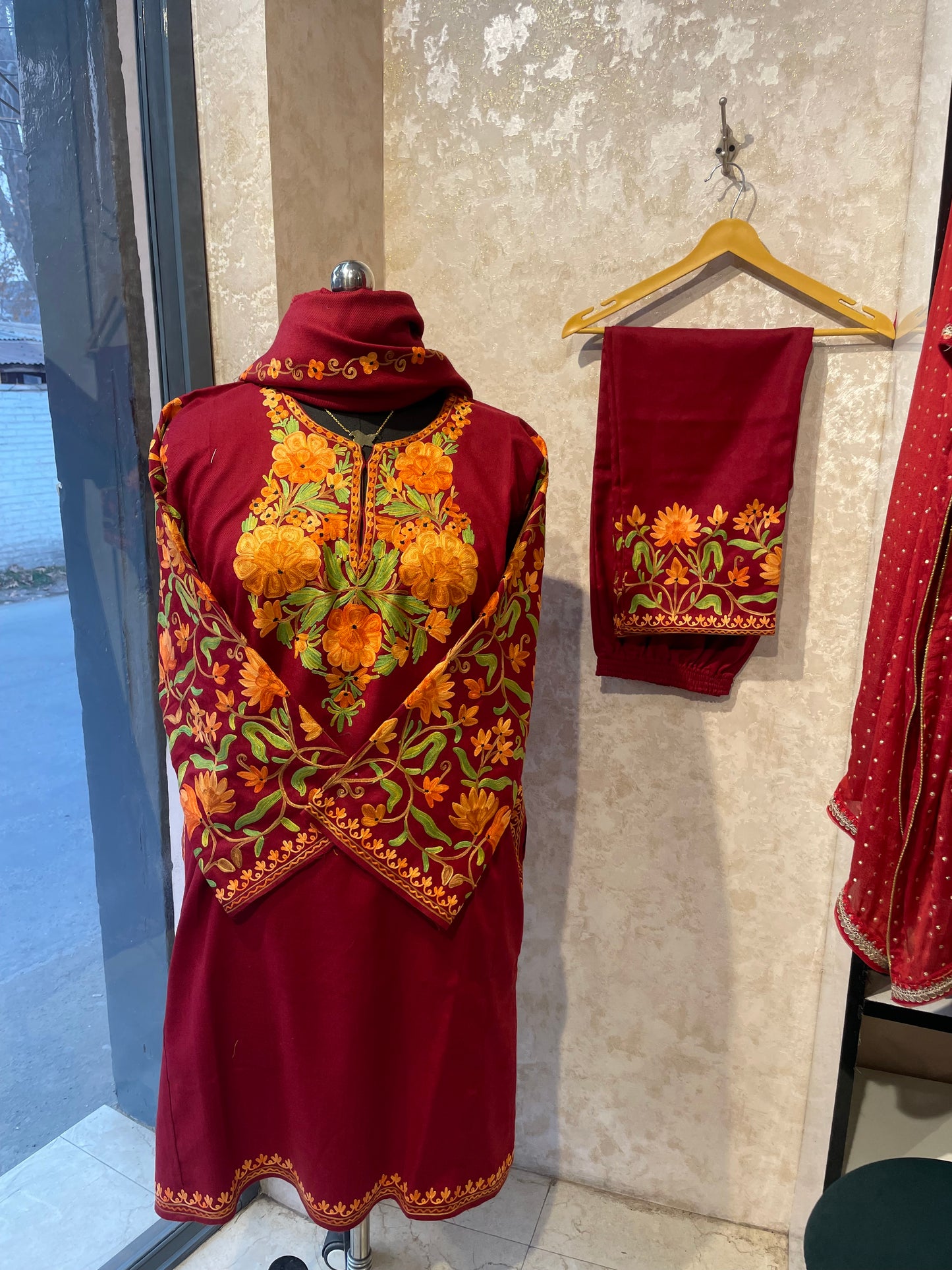 Aari Embroidered Pheran Suit  | Red