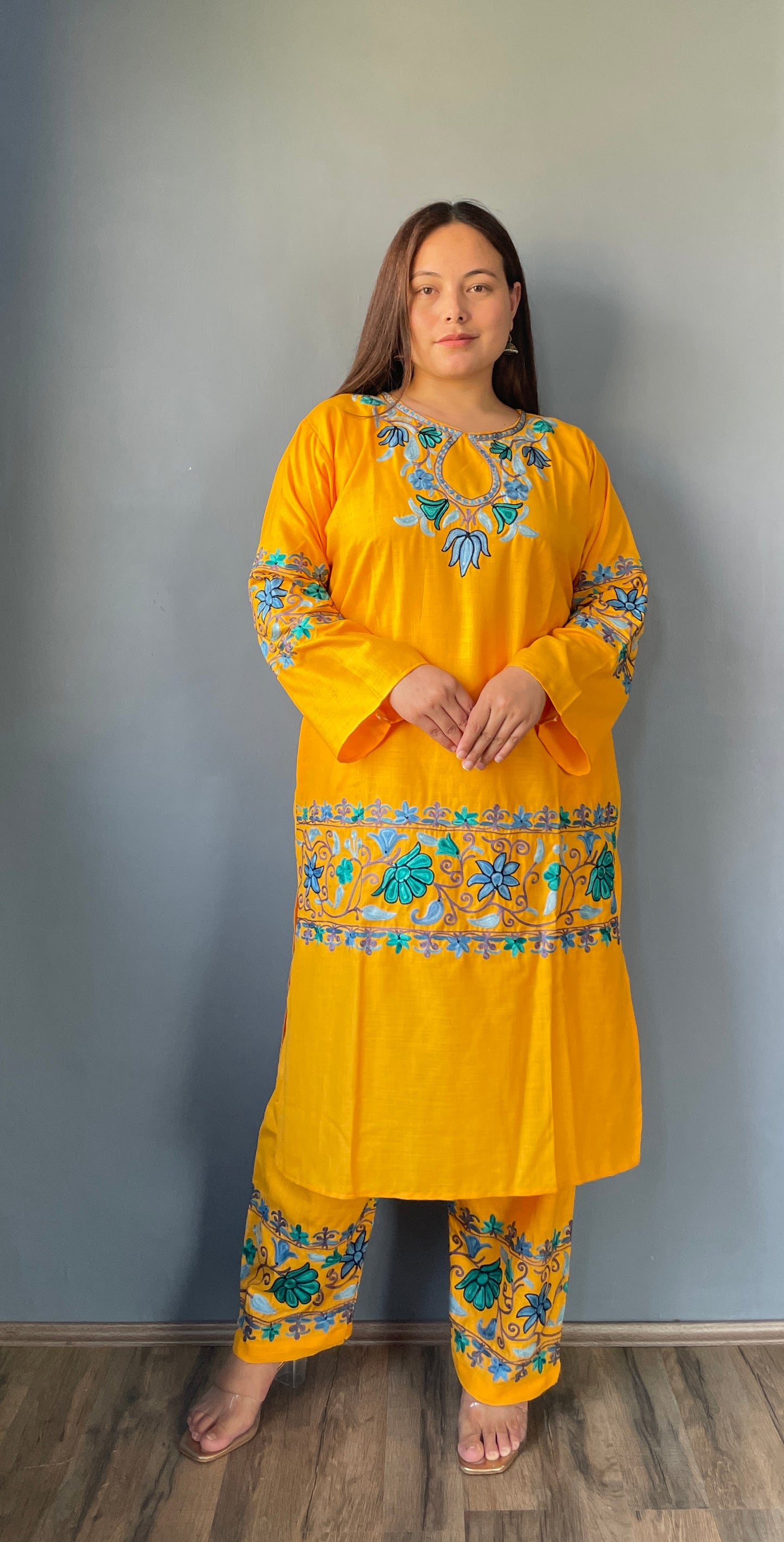 Coord | Bright Yellow | Blue And Black Aari Embroidered