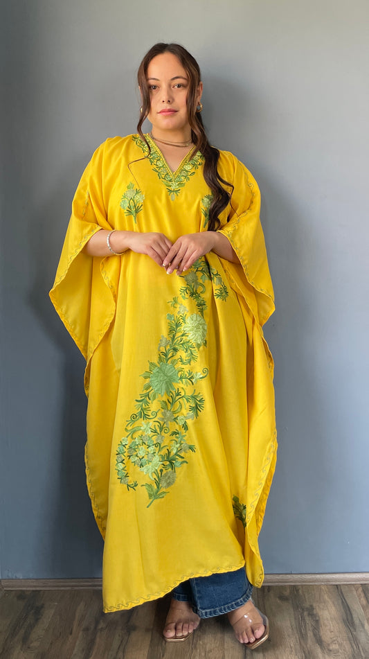 Aari Embroidered Cotton Kaftan | Bright Yellow With Green and Mint Green Embroidery