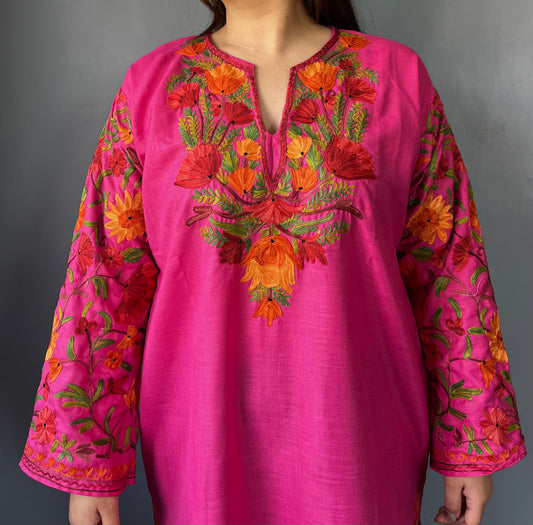 Sonzal Kurti | Bright Pink With Red Embroidery