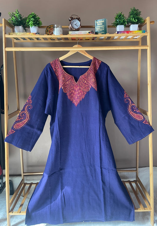 Sozni Embroidered Pheran | Neck & Sleeve | Blue