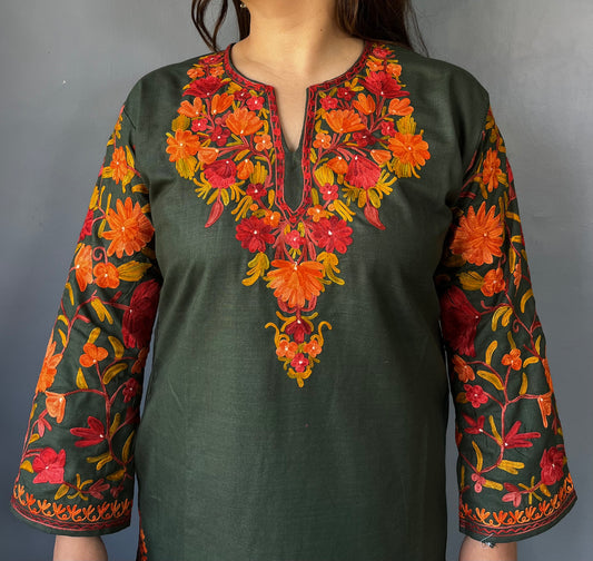 Sonzal Kurti | Olive Green With Orange Embroidery