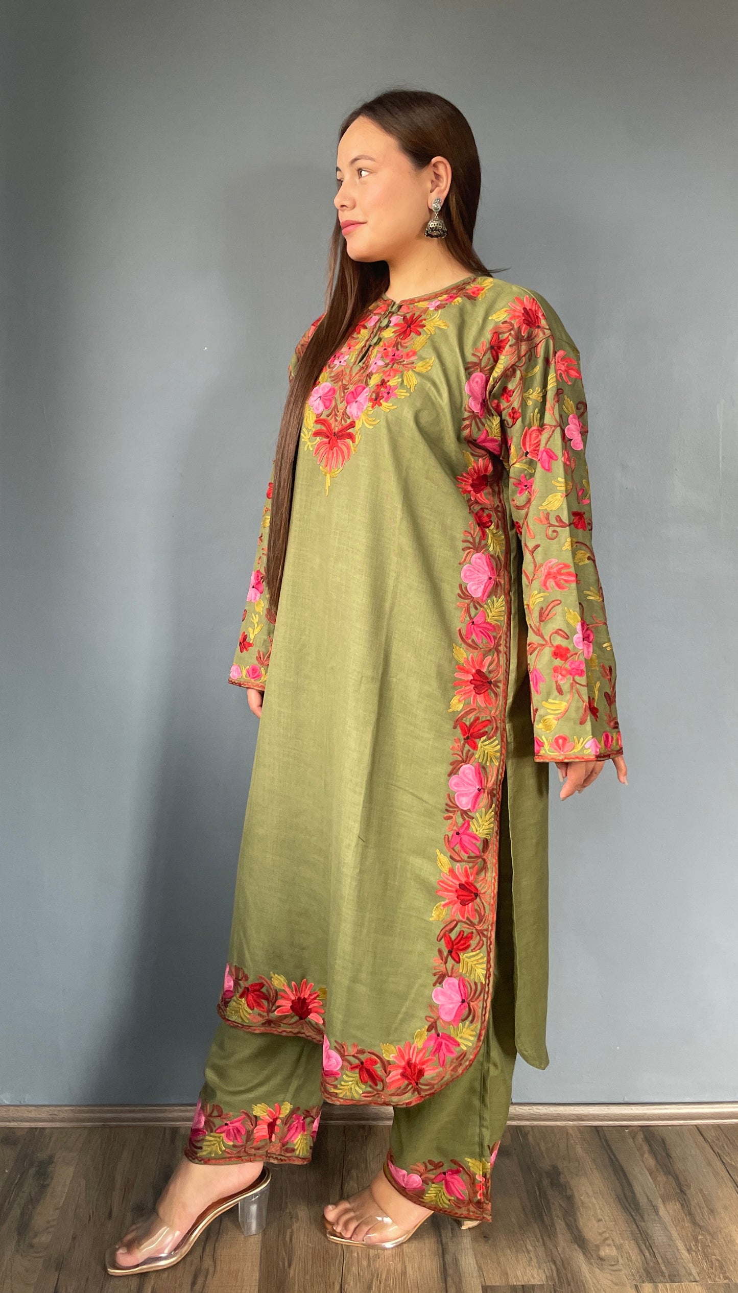 Bahaar Kurta Set | Olive Green With Pink Embroidery