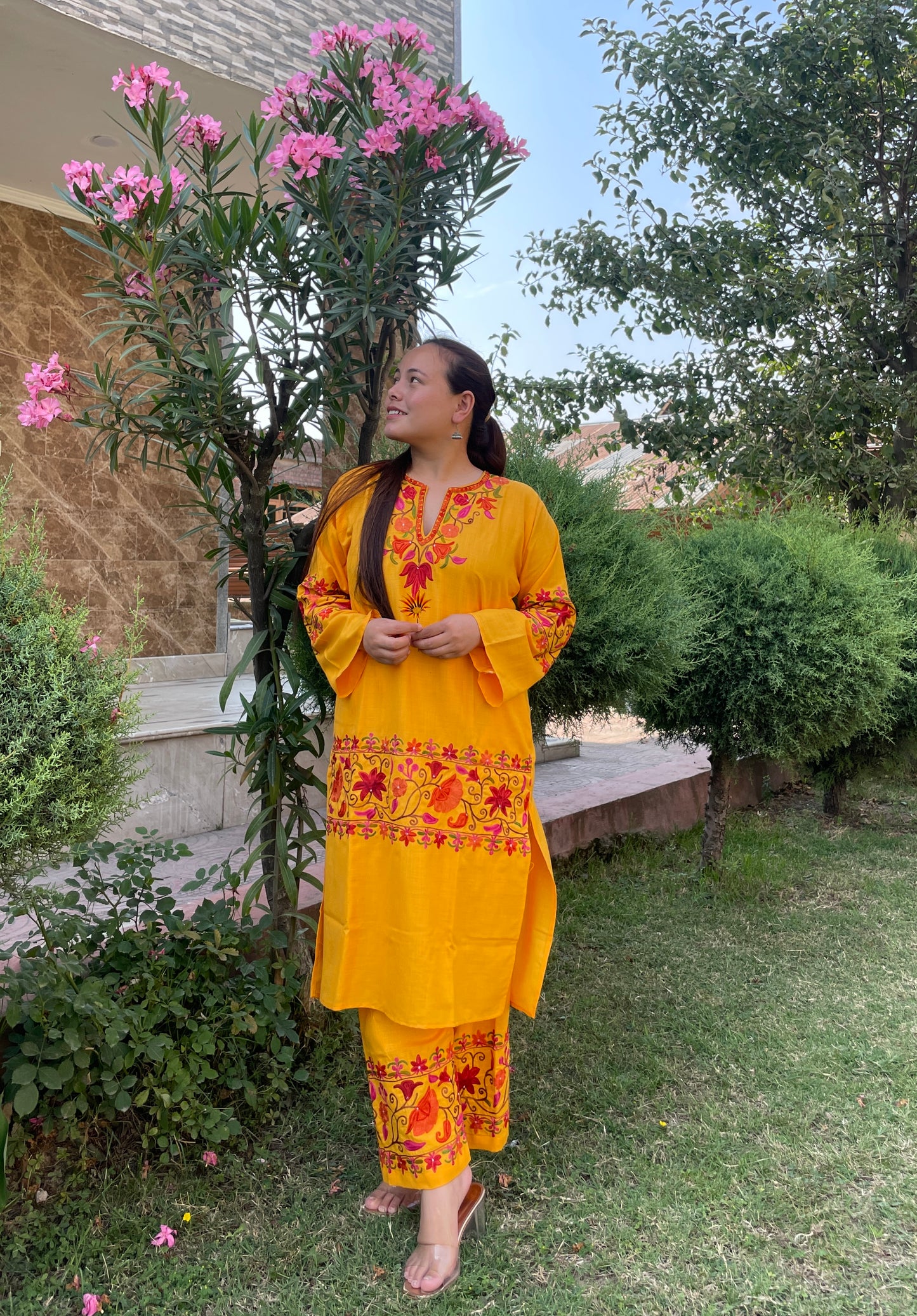 Coord | Bright Yellow | Orange And Pink Aari Embroidered