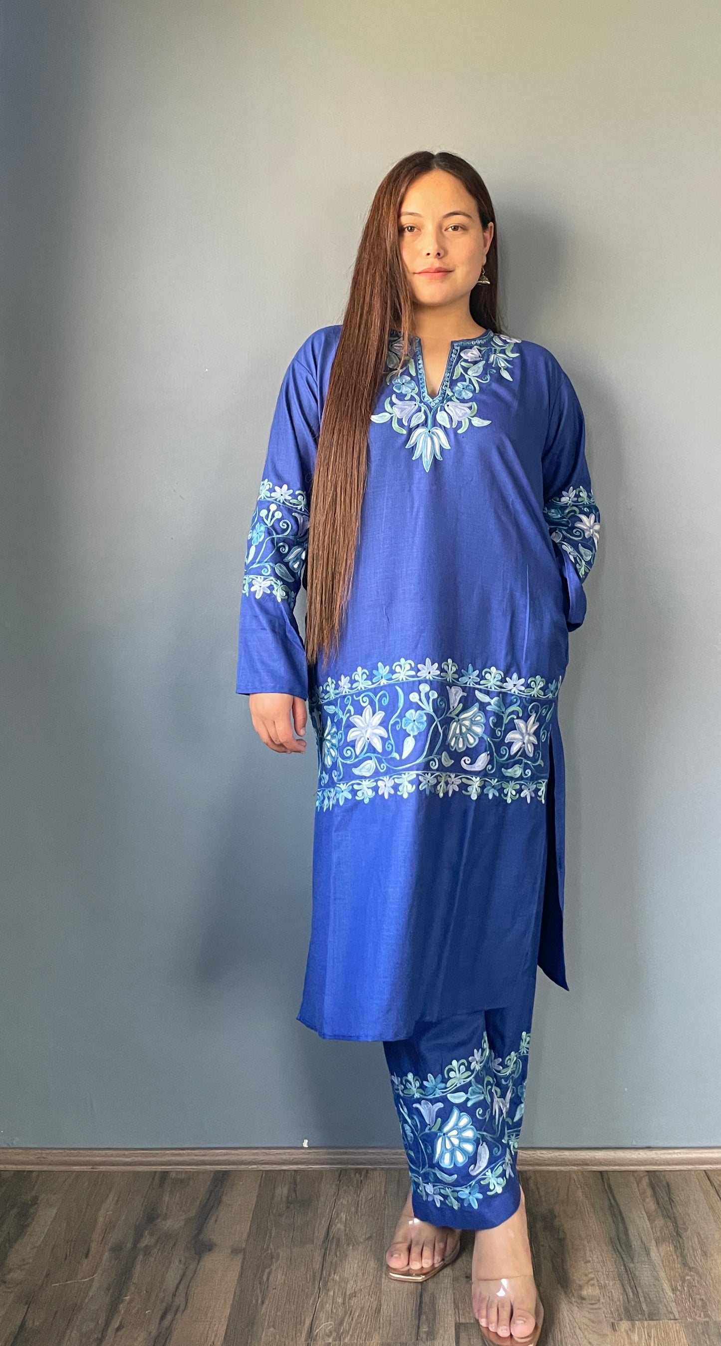 Coord | Blue | Blue And White Aari Embroidered