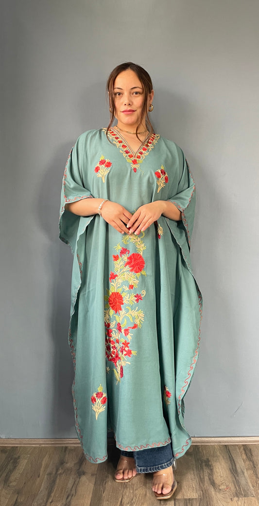 Aari Embroidered Cotton Kaftan | Blue-Gray With Red Embroidery